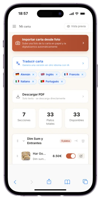 Digital menu management dashboard - Import menu, translate to multiple languages and configure dishes