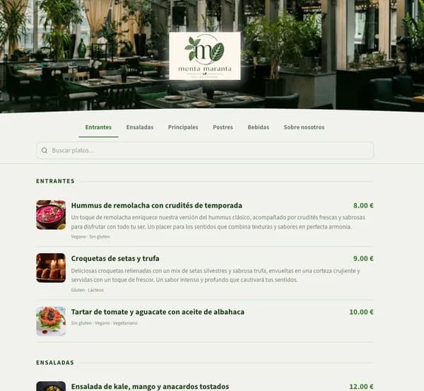 botanico template — Digital menu and reservations example