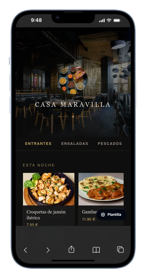 Digital QR menu accessible from a mobile phone
